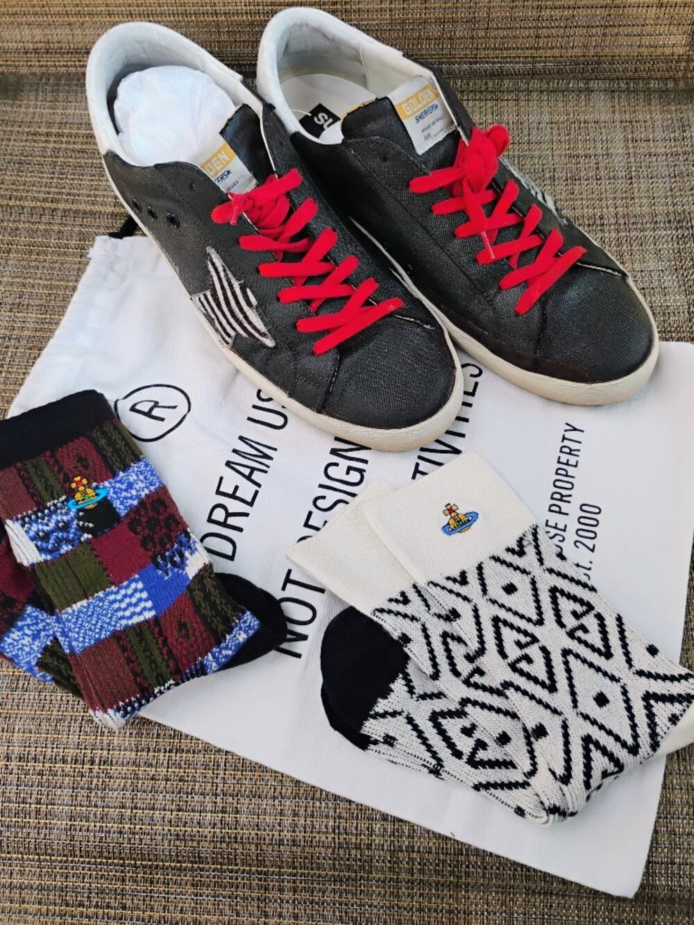 Golden Goose Super Star Sneakers, Vivienne West socks, GG shoe bag.